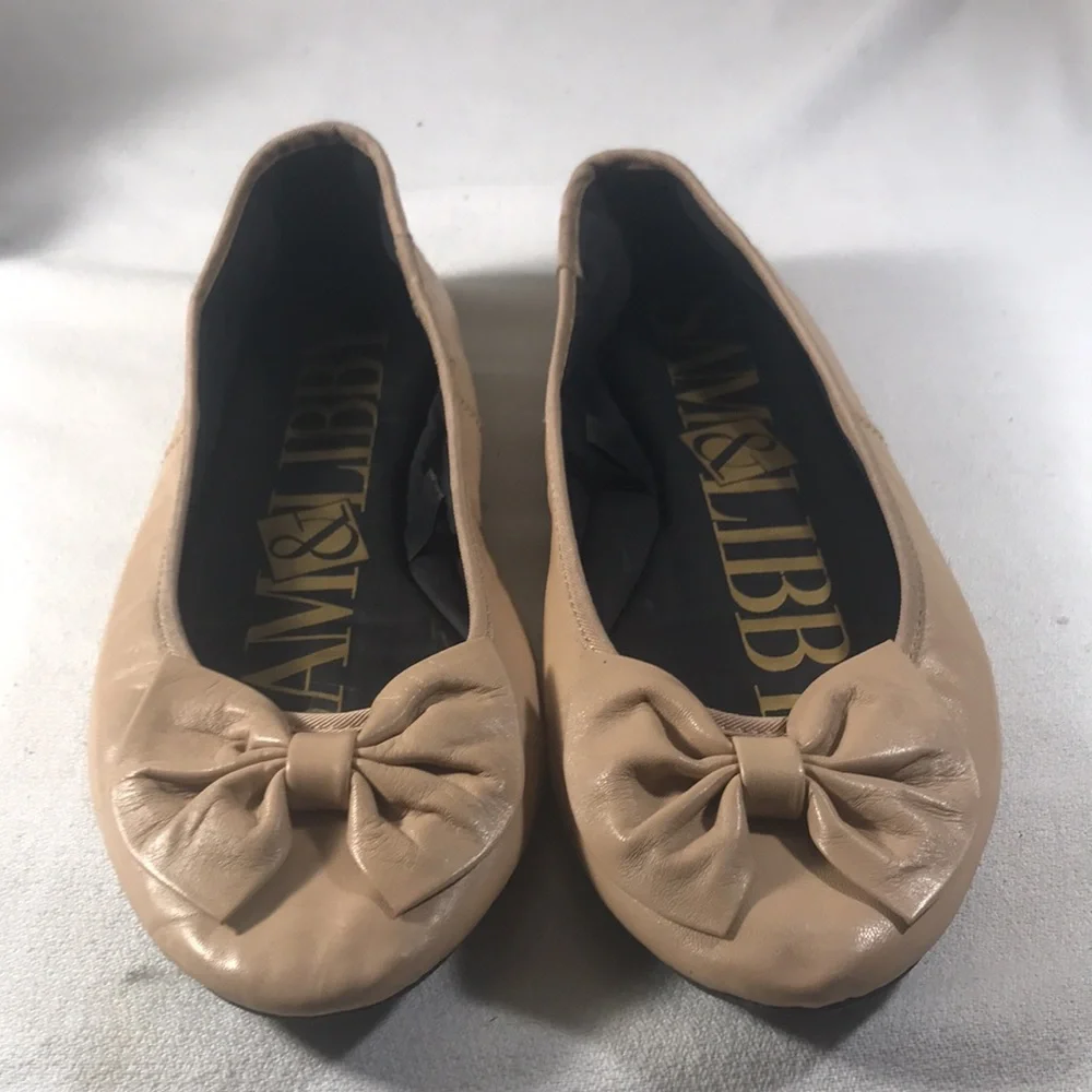 Sam & Libby Women's Bow-Accent Tan Leather Ballet Flats Size 8.5